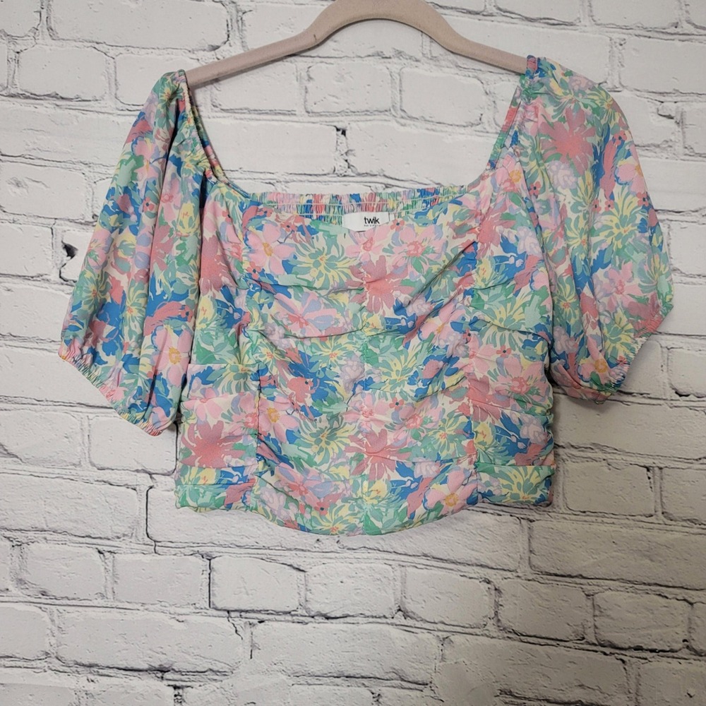 Twik par Simons Womens Floral Ruched Puff Sleeve Crop Top Cottagecore Smocked  S